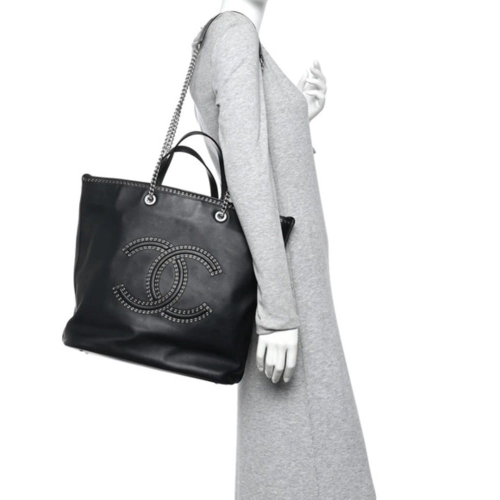 CHANEL COCO EYELET LARGE SHOPPING TOTE Black Calfskin Chain CC Bag Rare